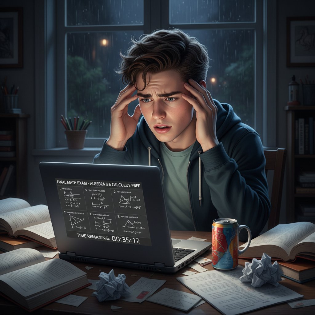 Nastolatek zmartwiony przed komputerem podczas nauki do matury z matematyki