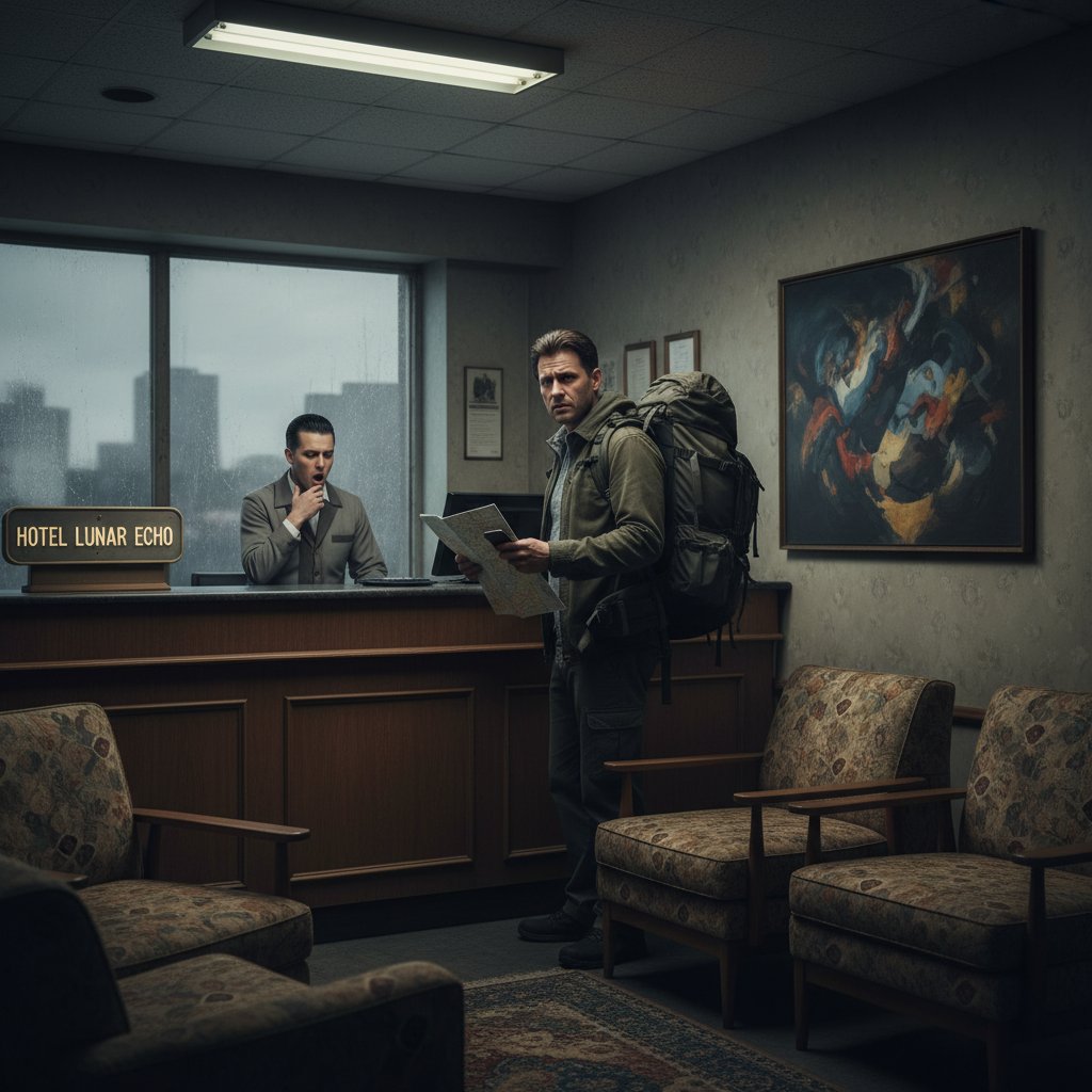 Zaniepokojony podróżny rozmawia z obsługą recepcji w nieznanym hotelu