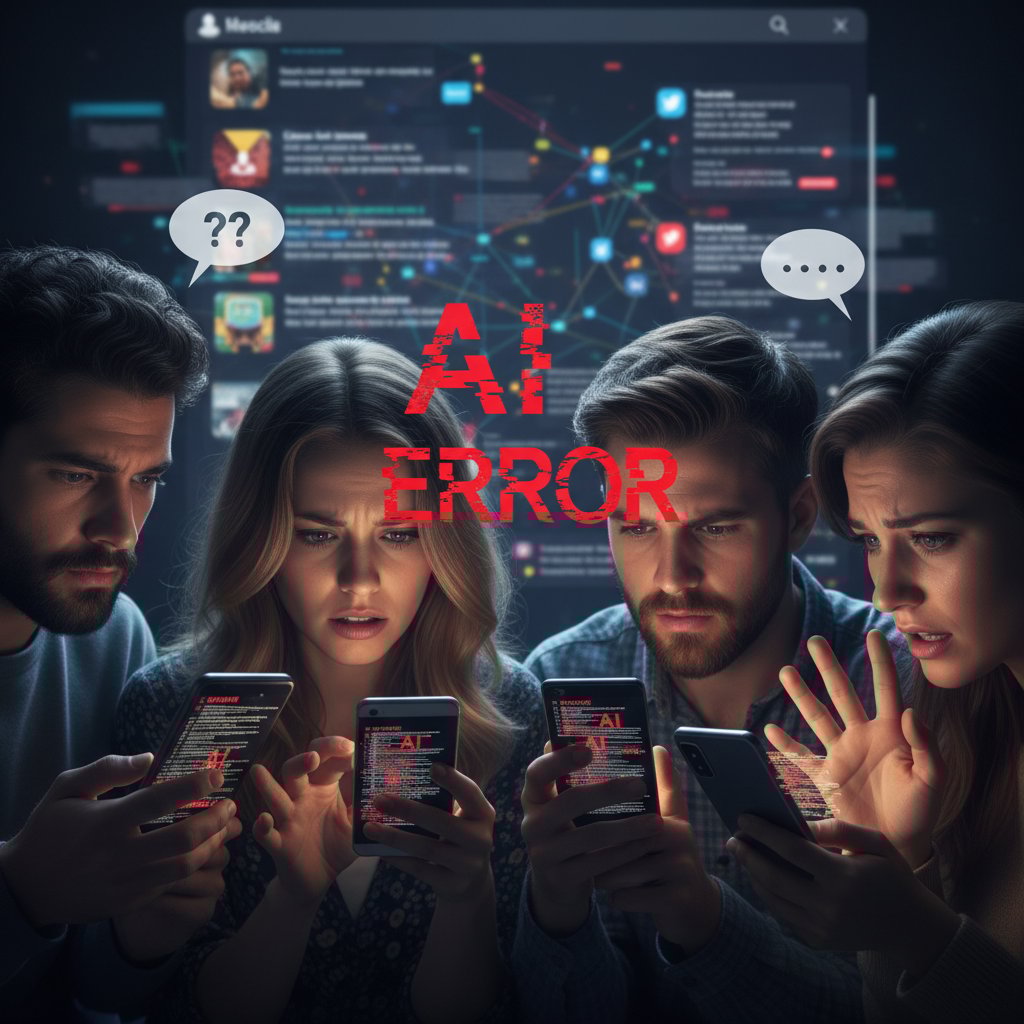 Zaniepokojeni użytkownicy patrzący na ekran z błędem AI, media społecznościowe, błędy w komunikacji