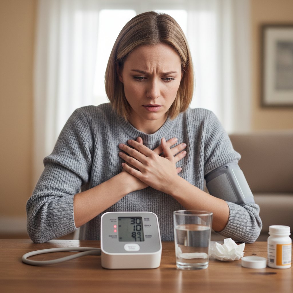 Kobieta zmartwiona odczytem ciśnienia, zamyślona, ciśnieniomierz na stole, atmosfera napięcia