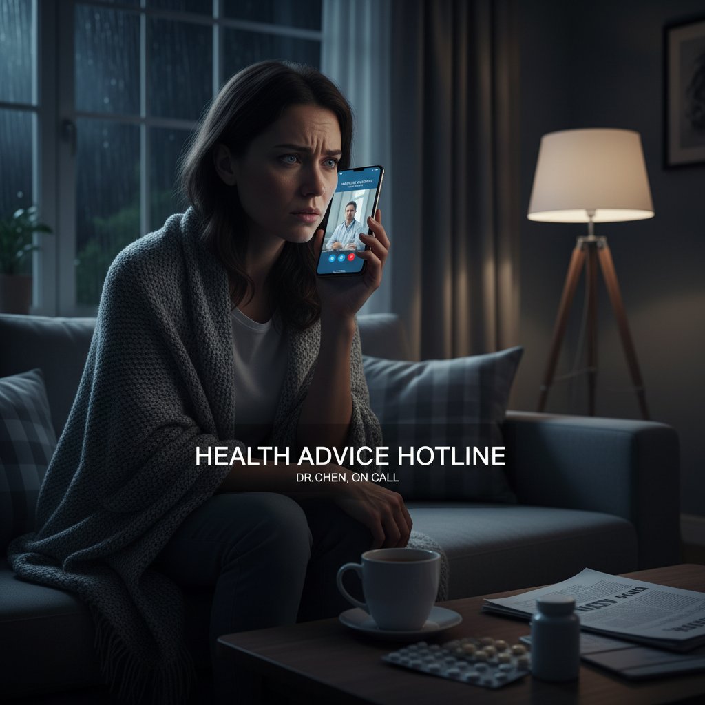 Zaniepokojona kobieta z telefonem, szukająca porady zdrowotnej w nocy w domowym otoczeniu