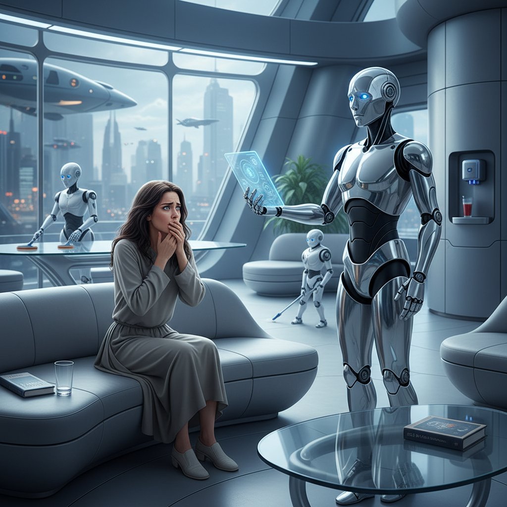 Zdjęcie kobiety z wyrazem niepokoju patrzącej na robota w domowym otoczeniu, symbolizujące emocje wokół AI