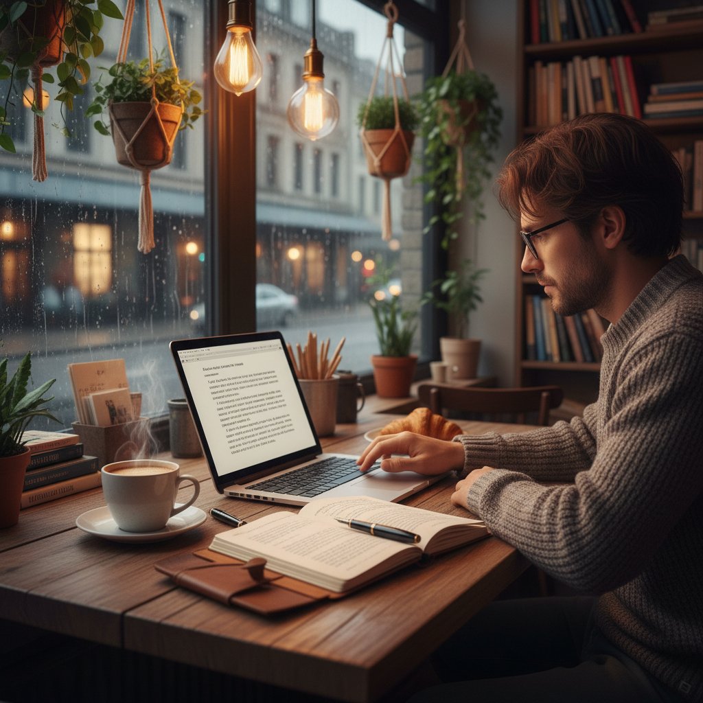 Pisarz w kawiarni z notatnikiem i laptopem, pogrążony w twórczości – obrazek ilustrujący proces pisania felietonu literackiego