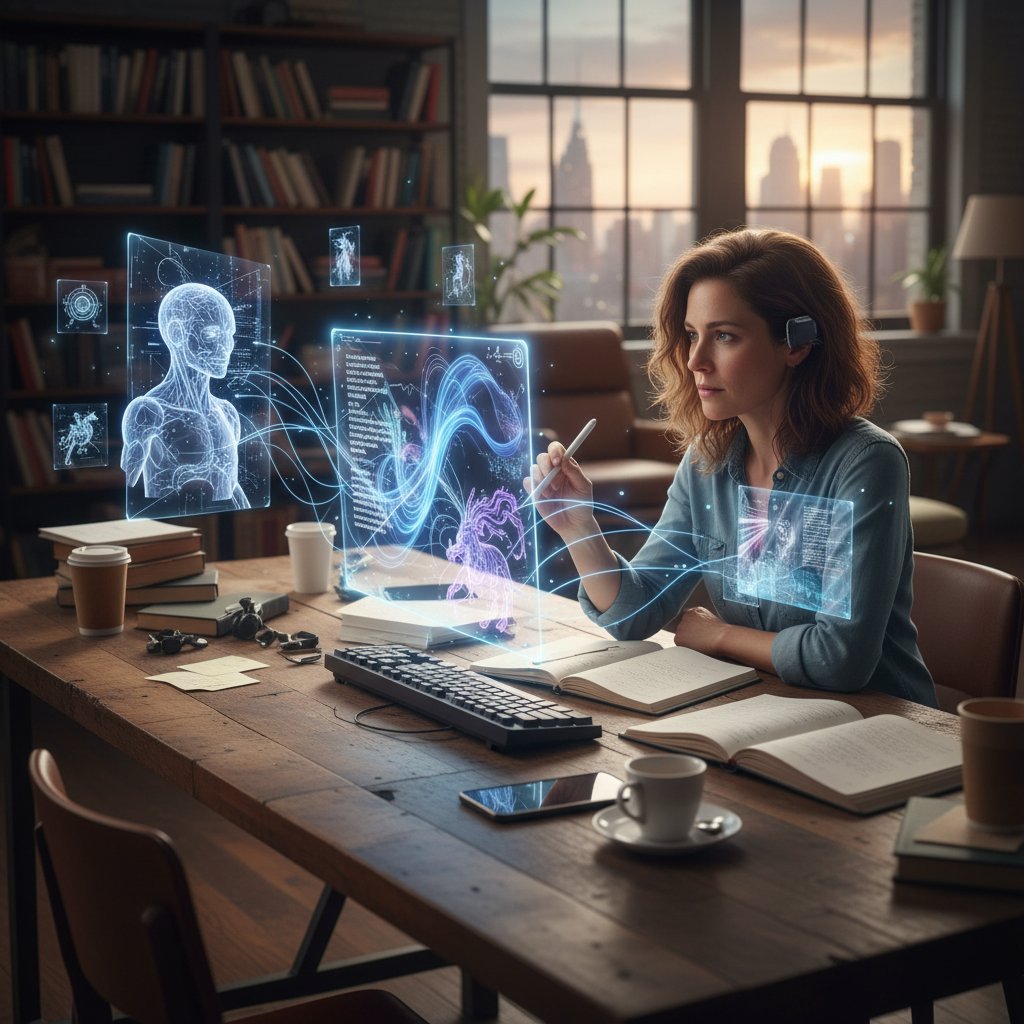 Pisarz współpracuje z AI przy tworzeniu opowiadania, otoczony inspirującymi notatkami