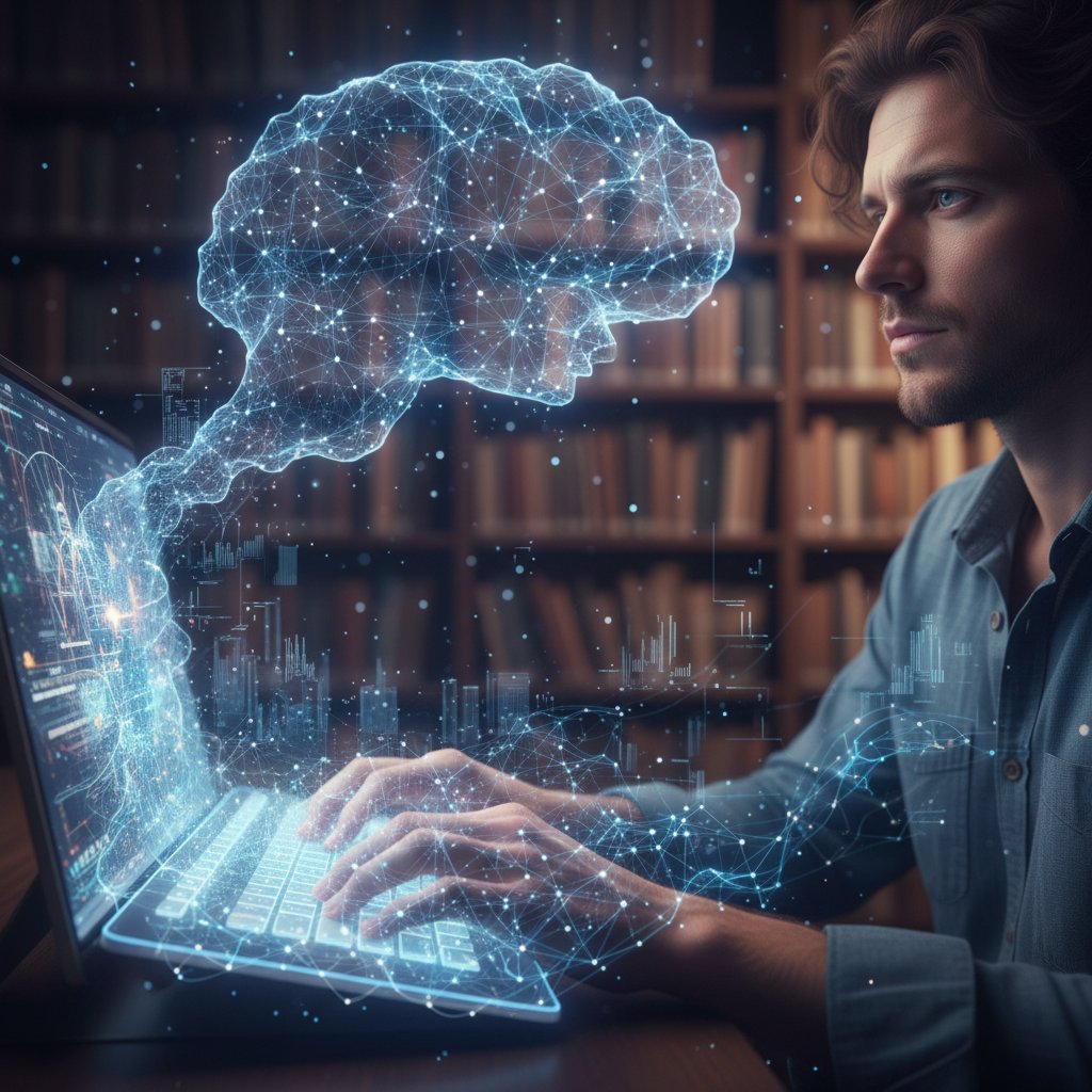 Osoba z zamkniętymi oczami, zanurzona w pisaniu, z symbolami neuronów w tle – kreatywność i procesy mózgowe