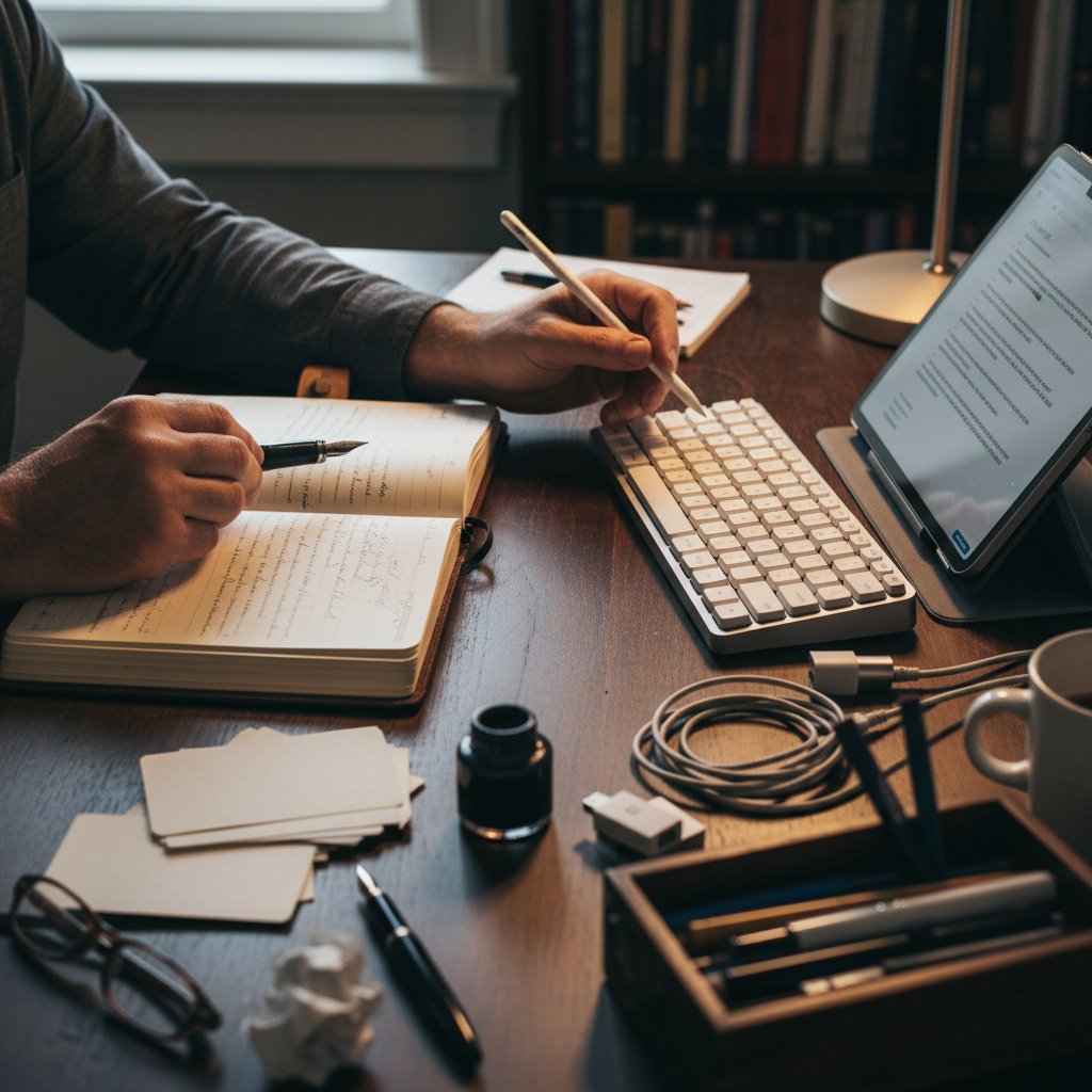 Close-up of a writer's hands using both analog and digital writing tools for academic productivity