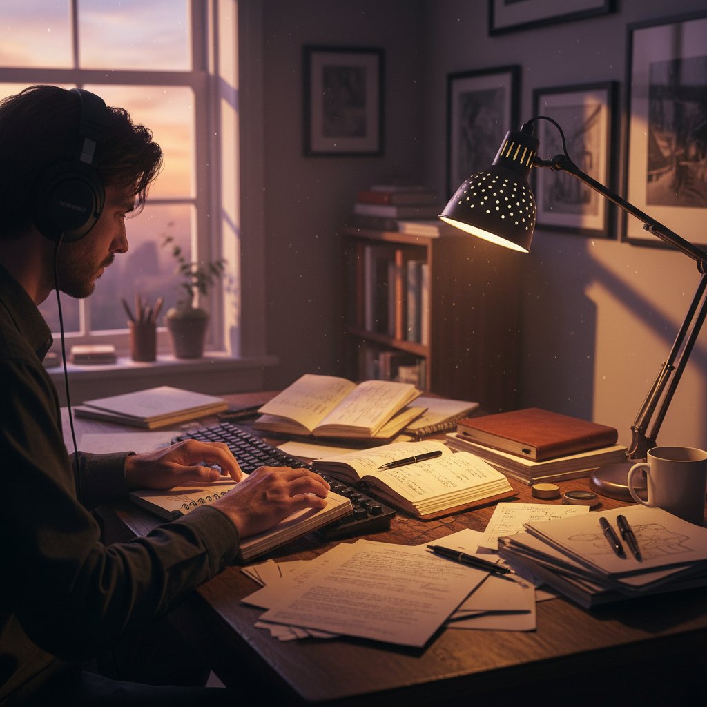 Twórca piszący w słuchawkach, otoczony notatkami, ekspresyjna twarz, dynamiczne oświetlenie