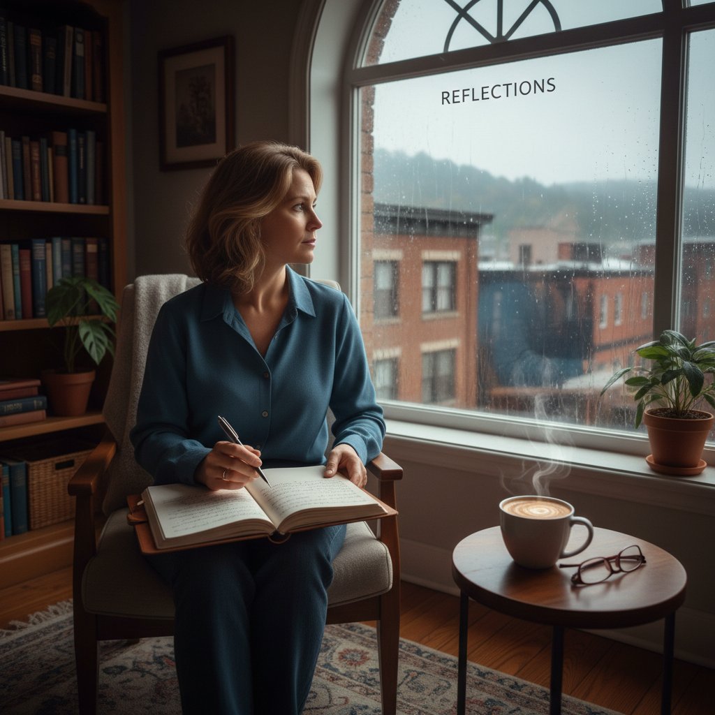 Pisarz patrzący przez okno, z notatnikiem i kawą – symbol refleksji i rozwoju stylu, słowa kluczowe: świadome pisanie, rozwój stylu pisania