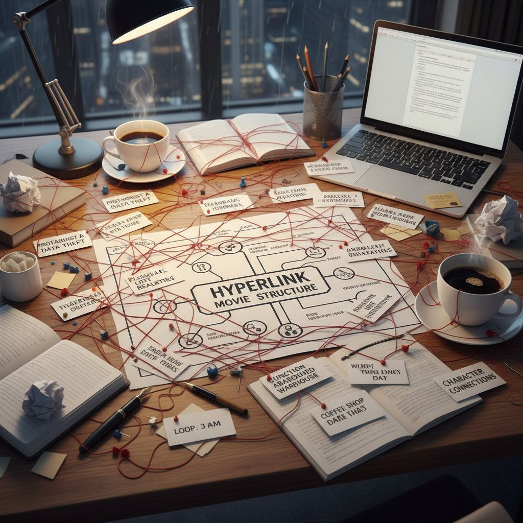 Photo of a writer’s desk littered with index cards, red strings connecting ideas, and a mug of coffee—planning a hyperlink movie