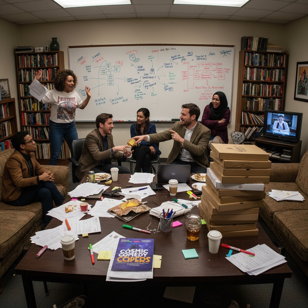 Diverse group of comedy writers arguing over dialogue in a cluttered office, script pages everywhere, debating punchlines