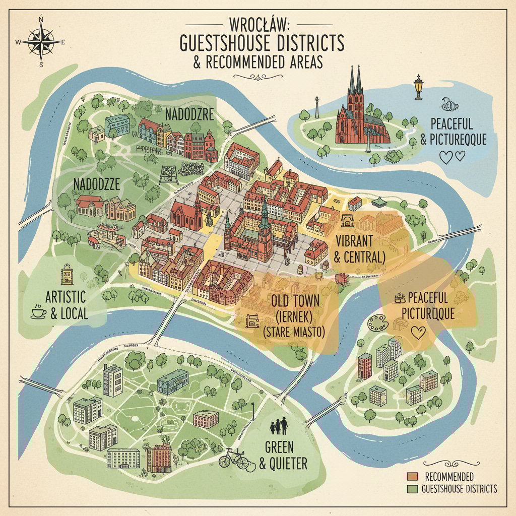 Mapa Wrocławia z zaznaczonymi dzielnicami polecanymi na nocleg w pensjonacie