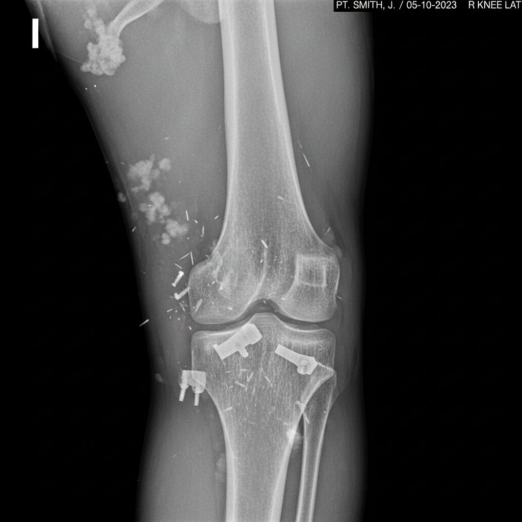 Zdjęcie rentgenowskie stawu z powikłaniami po urazie, czarno-białe, kliniczne