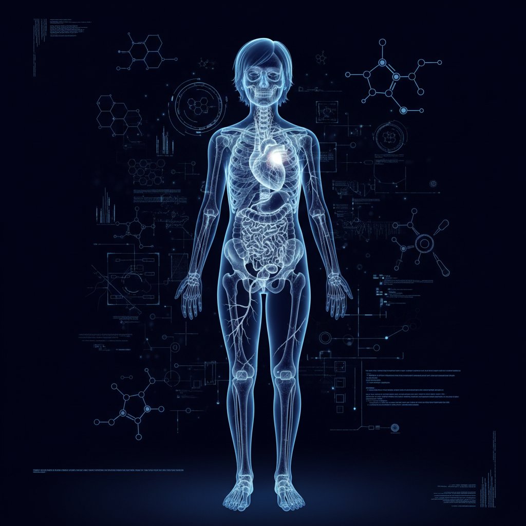 Rentgen sylwetki młodej osoby z widocznymi śladami urazów, symbolizujący skutki psychosomatyczne traumy rozwojowej