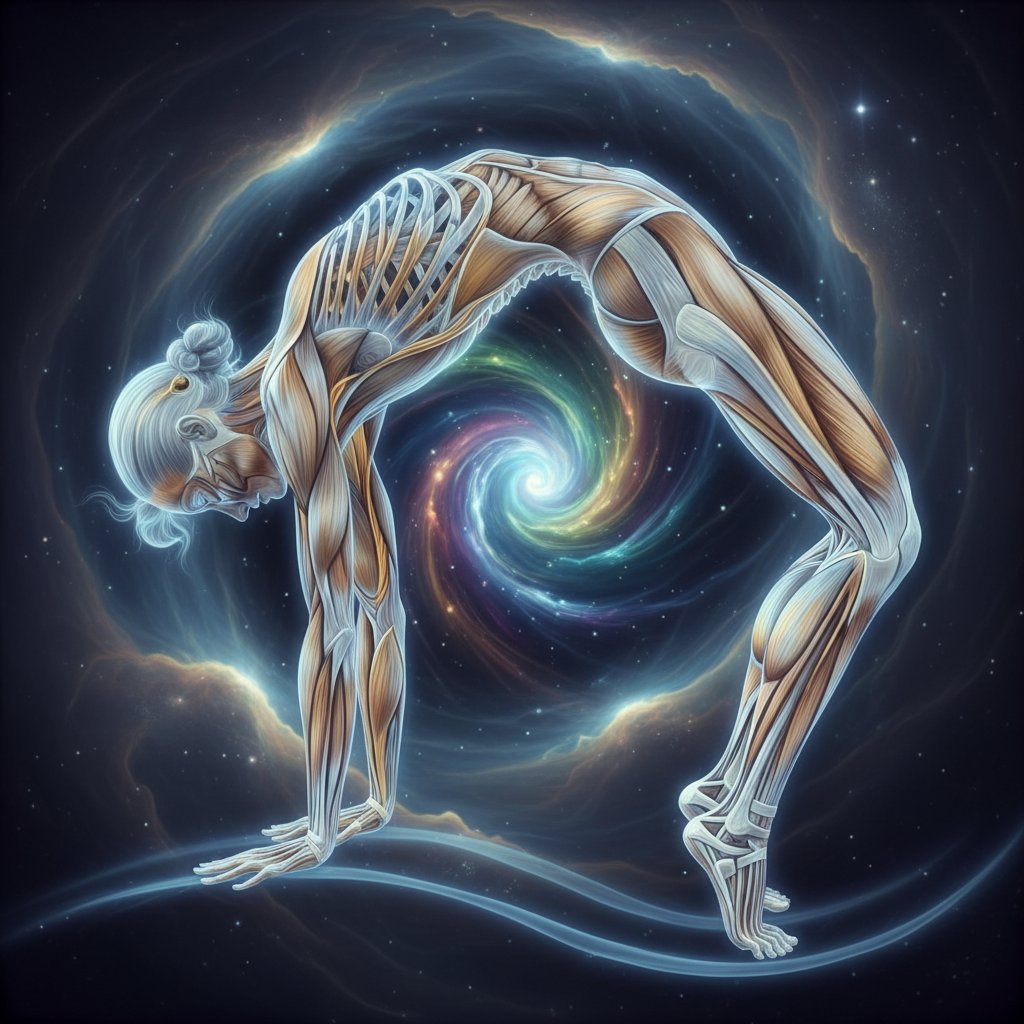 Efekt rentgenowski pokazujący kobietę w pozie pilates z wyeksponowanym kręgosłupem i mięśniami głębokimi, pilates dla kobiet, zdrowie