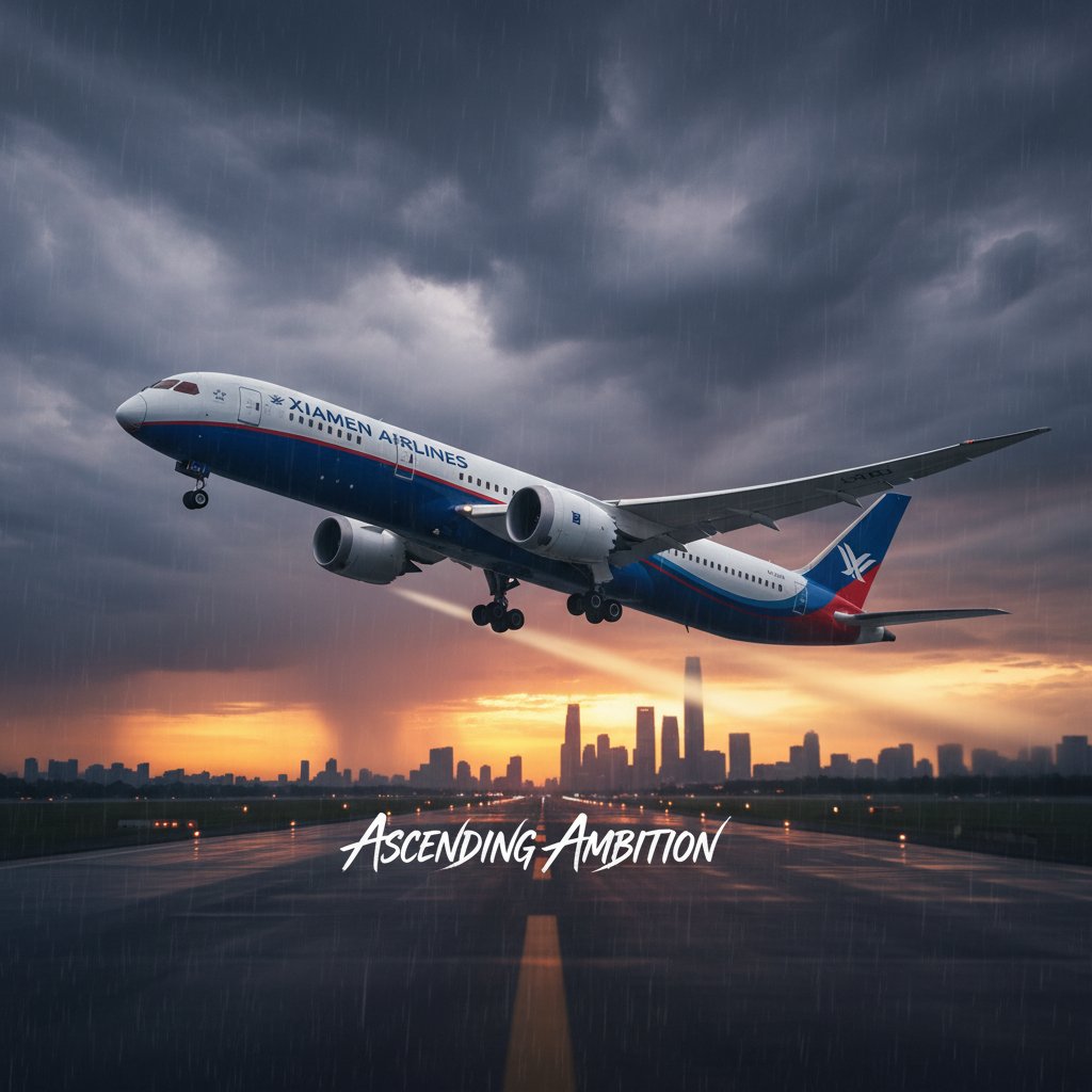 Xiamen Airlines jet taking off under dramatic sky at sunrise, symbolizing ambition and growth