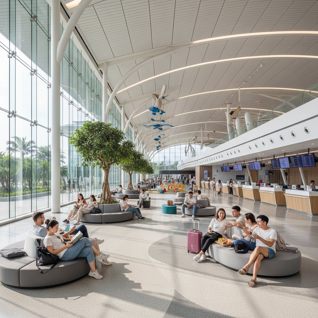Travelers relaxing during layover at Xiamen Airport, modern seating and natural lighting