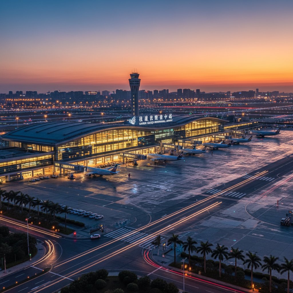 Xiamen Gaoqi International Airport illuminated at dusk, vibrant and wide-angle view