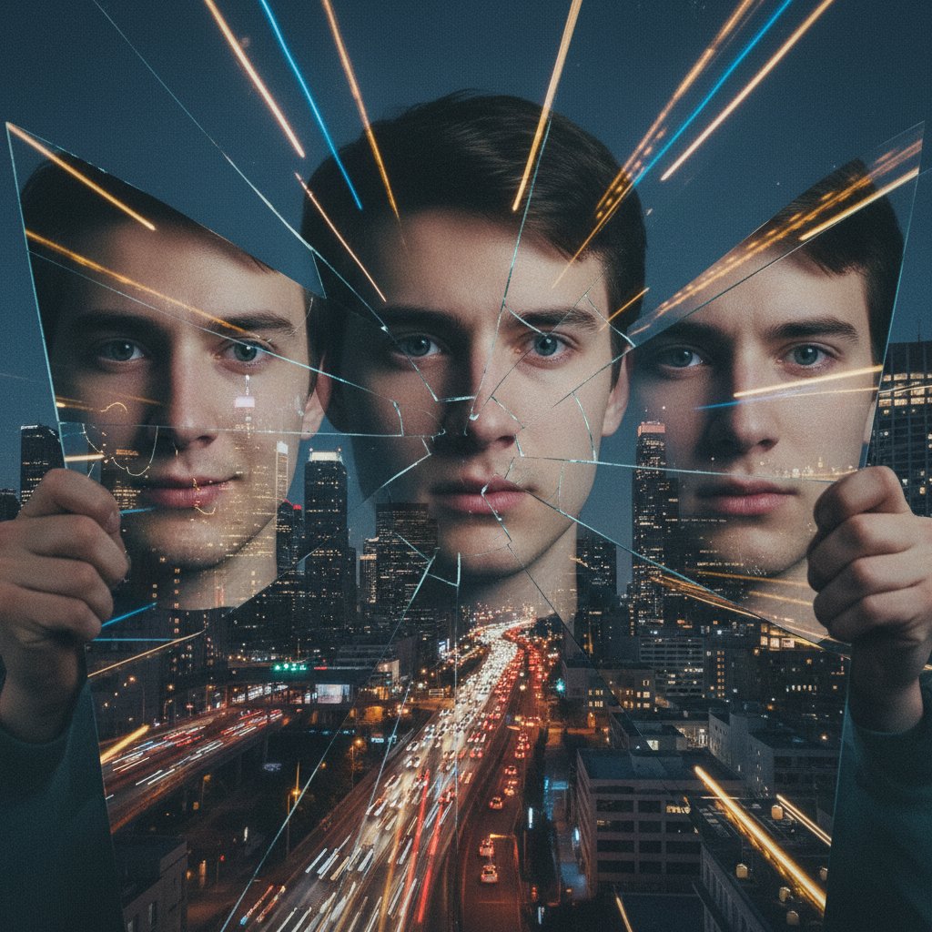 YA film protagonist reflecting on identity, staring into a cracked mirror with city lights behind, capturing anxiety and hope in young adult cinema