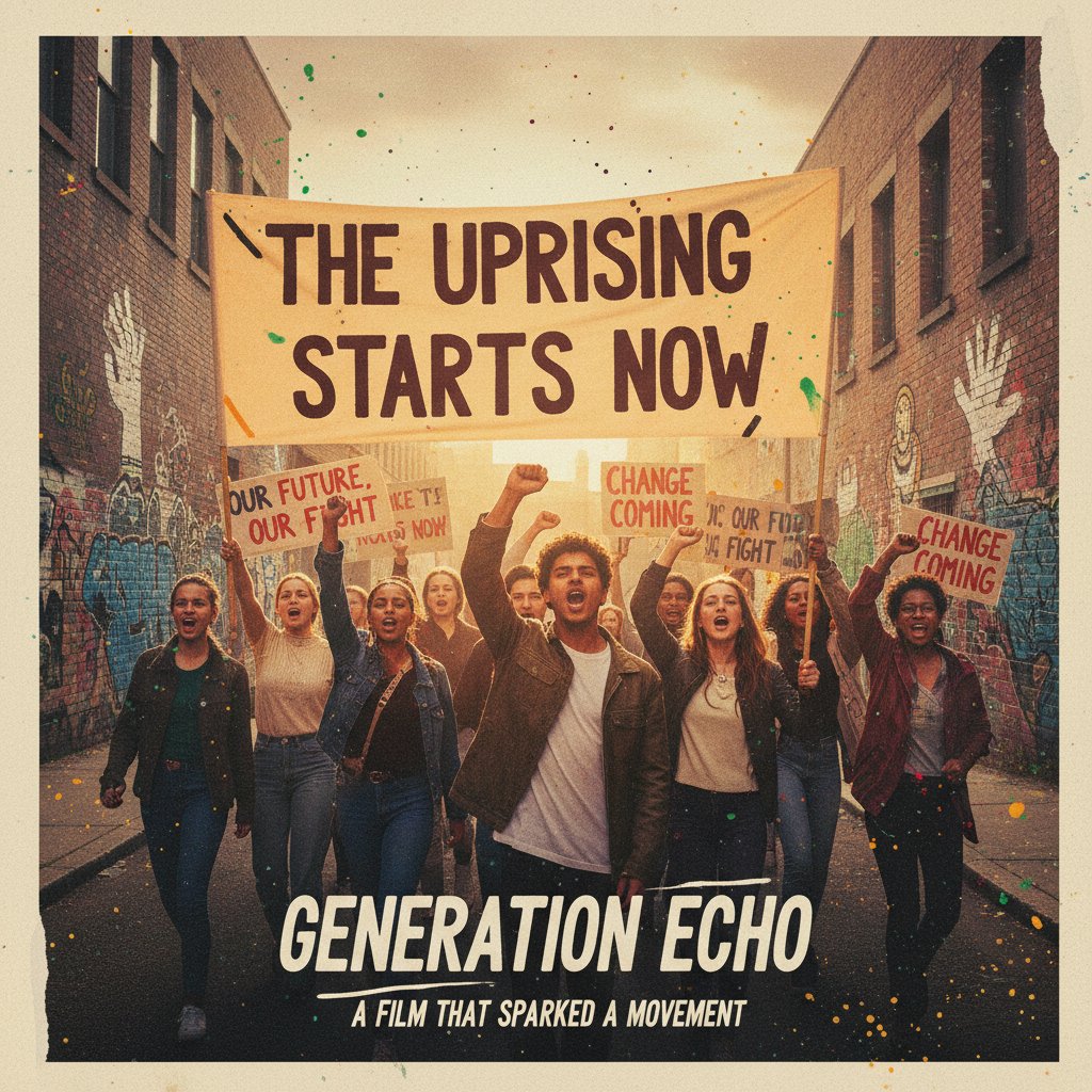 Real-world activism influenced by a YA movie, protest scene with youthful energy, banners, and diverse crowd