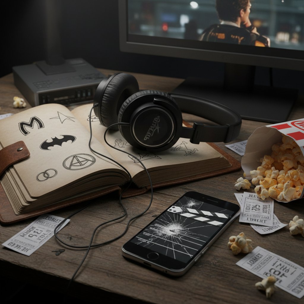 Iconic symbols found in YA cinema, including a journal, headphones, and a broken smartphone, representing signature tropes