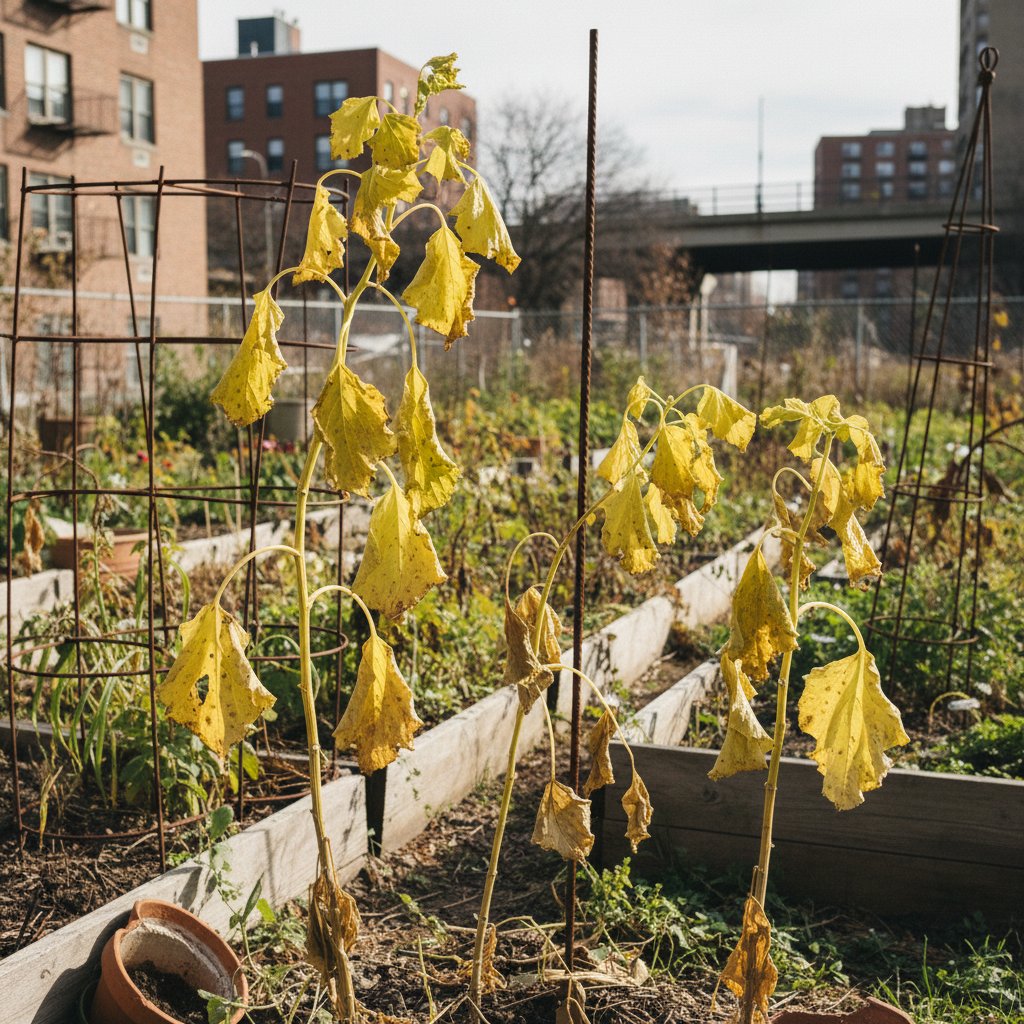Żółknące liście i słaba kondycja roślin, typowy objaw niedoboru azotu