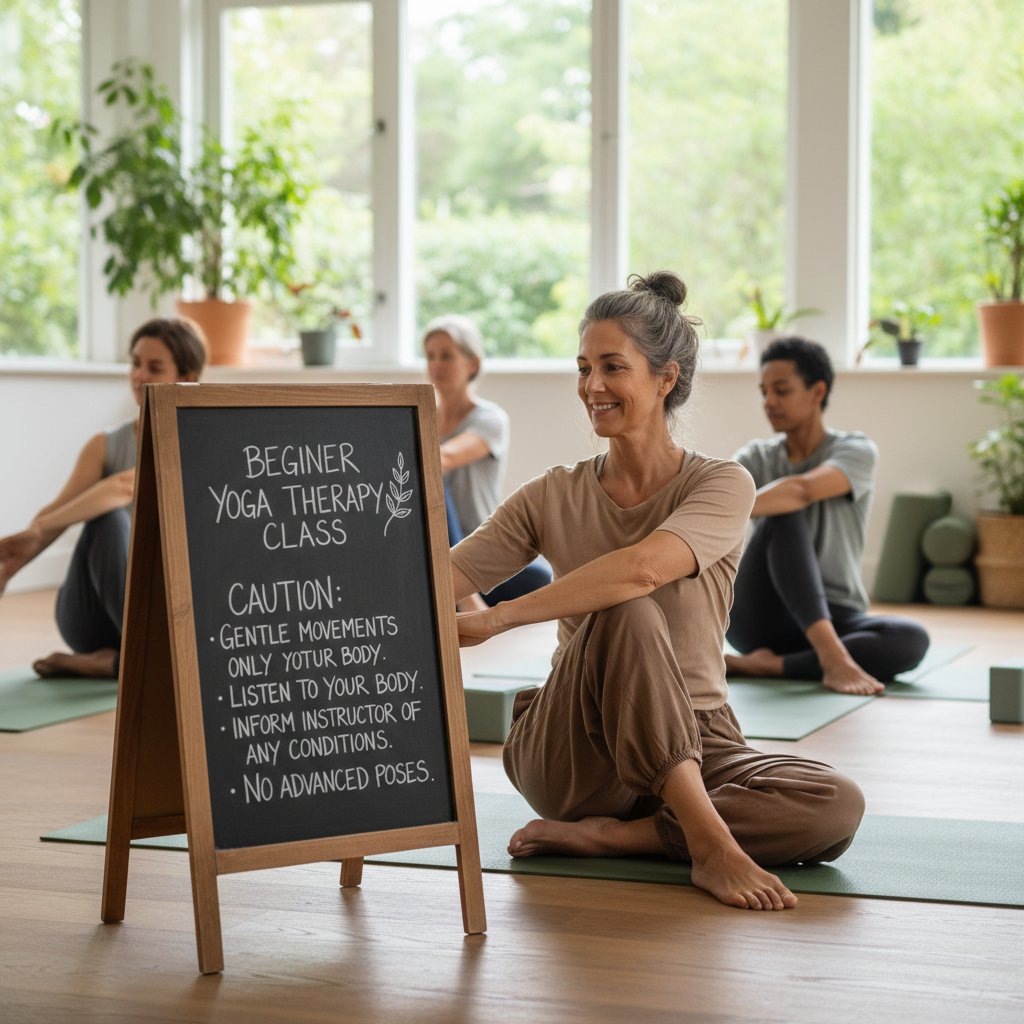 Instruktor tłumaczy początkującym pułapki i zasady bezpieczeństwa podczas pierwszych zajęć jogoterapii