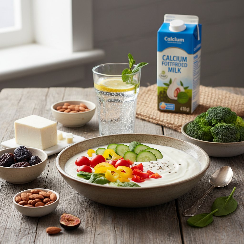 Śniadanie z jogurtem, warzywami i wodą mineralną jako modelowy posiłek bogaty w wapń