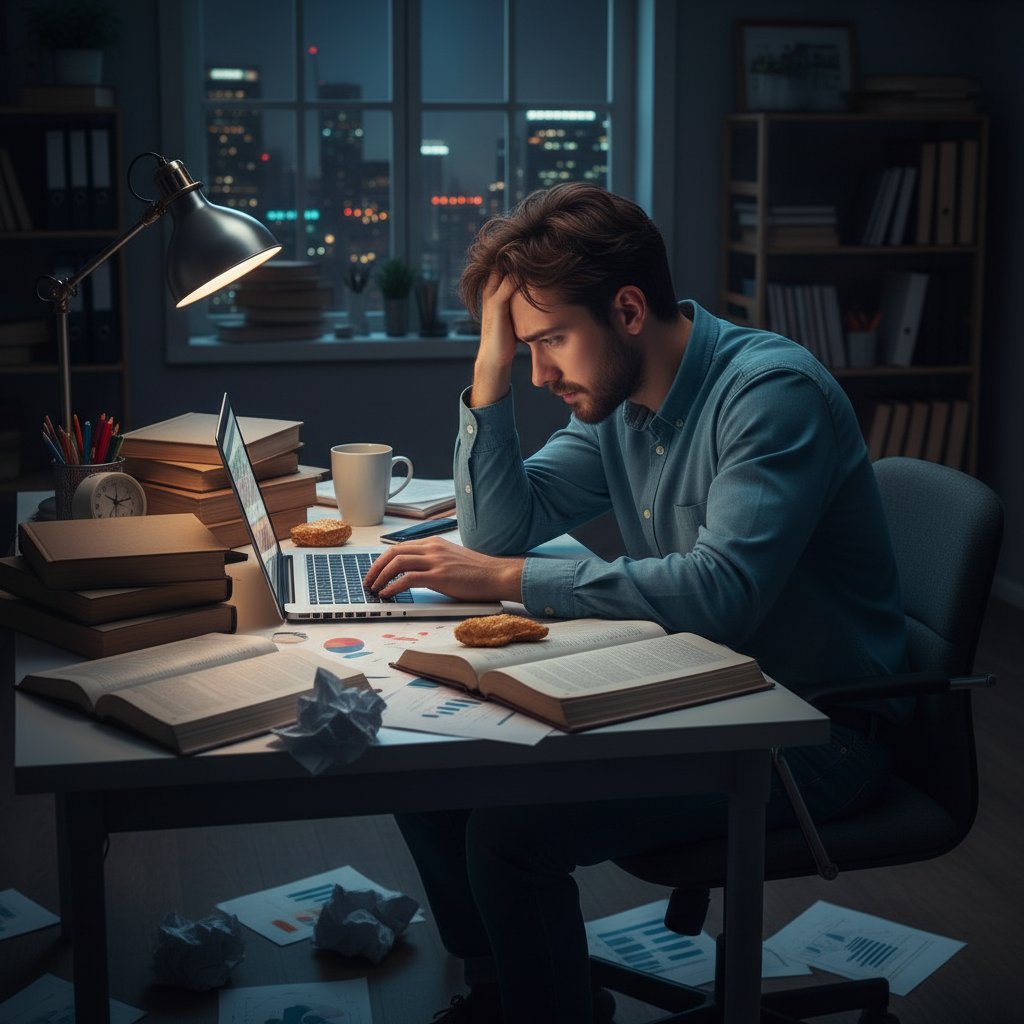 Young academic overwhelmed by research at night, laptop and papers, academic career coaching crisis moment