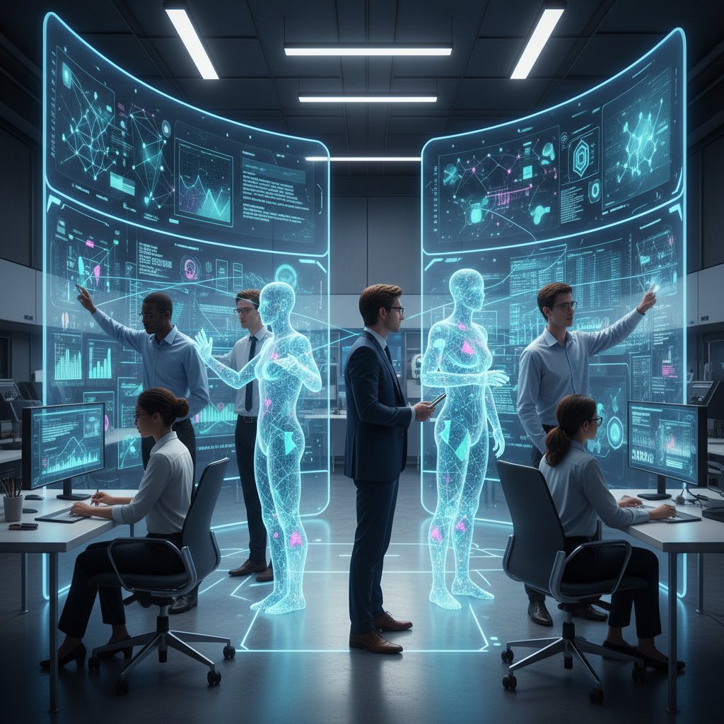 Young academics collaborating with AI avatars on interactive data walls, dynamic lighting and energetic mood, representing future collaboration in academic data insights