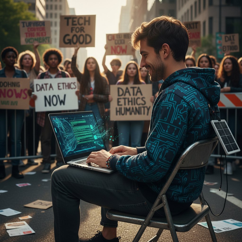 Młody aktywista z laptopem i czatem AI na ulicy