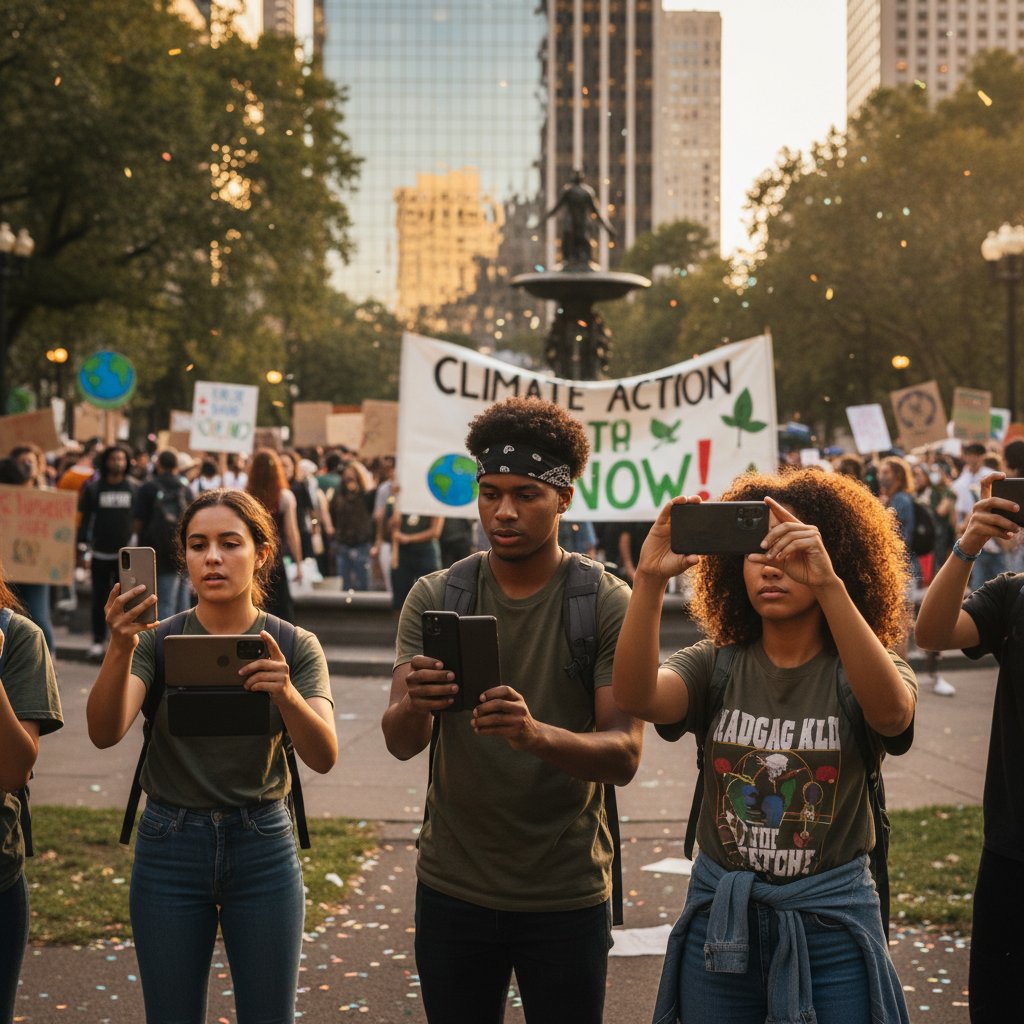Young activists filming a protest with smartphones, activism movies, youth climate action under afternoon sun