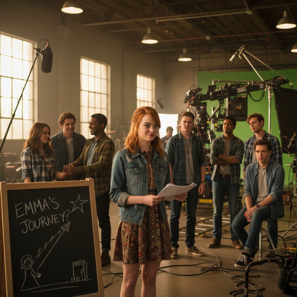 Young actors on a film set, inspired by Emma Stone’s career path