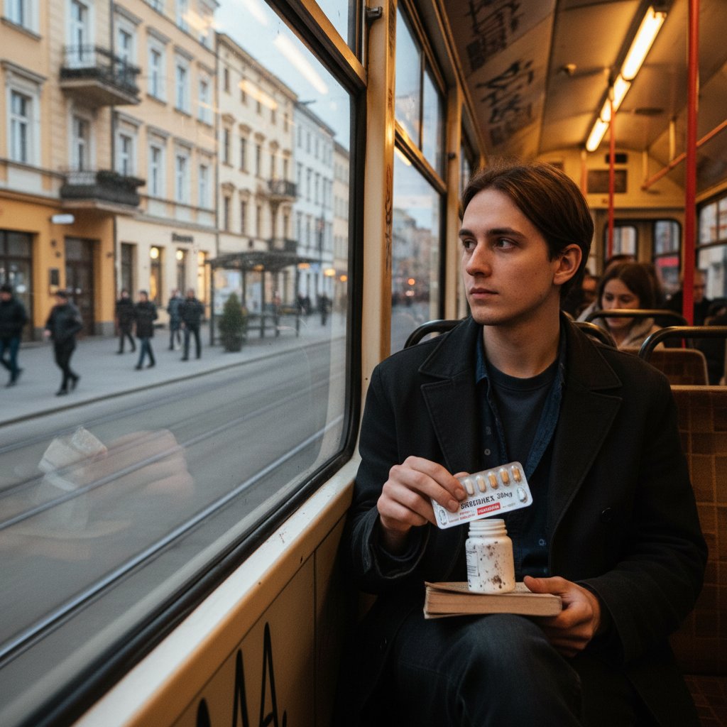 Osoba trzymająca blister leków na ADHD w polskim tramwaju o zmierzchu, symbol chaosu i codzienności leczenia