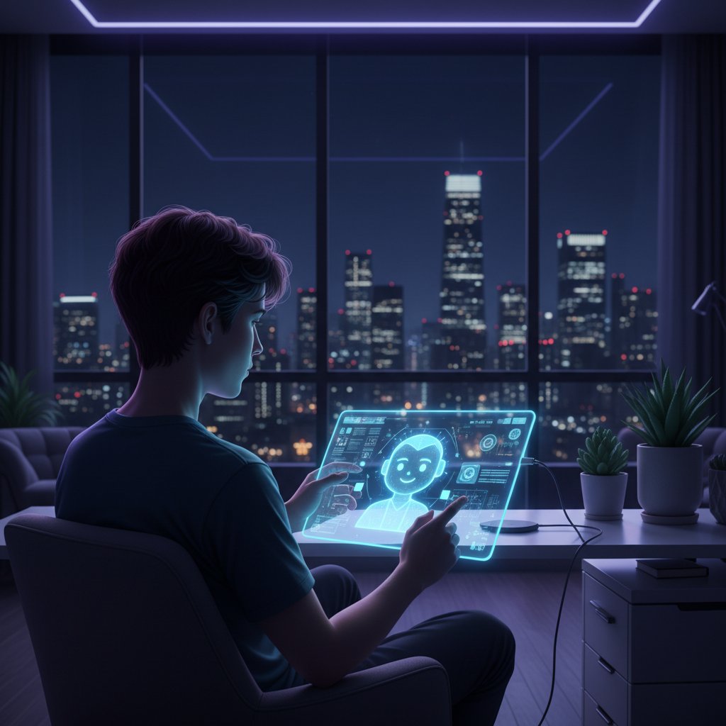 Junge allein im urbanen Zimmer mit digitalem Gerät, KI Freundin auf Bildschirm, Nachtstimmung