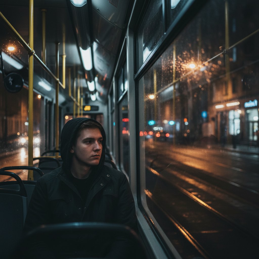 Młoda osoba samotnie siedząca w tramwaju nocą, światła miasta za oknem, klimat izolacji i polskiego miasta