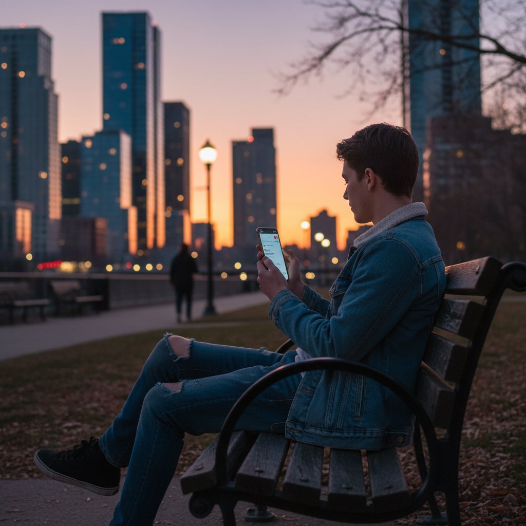 Młody dorosły samotnie na ławce w parku z telefonem – symbol poszukiwania przyjaźni online