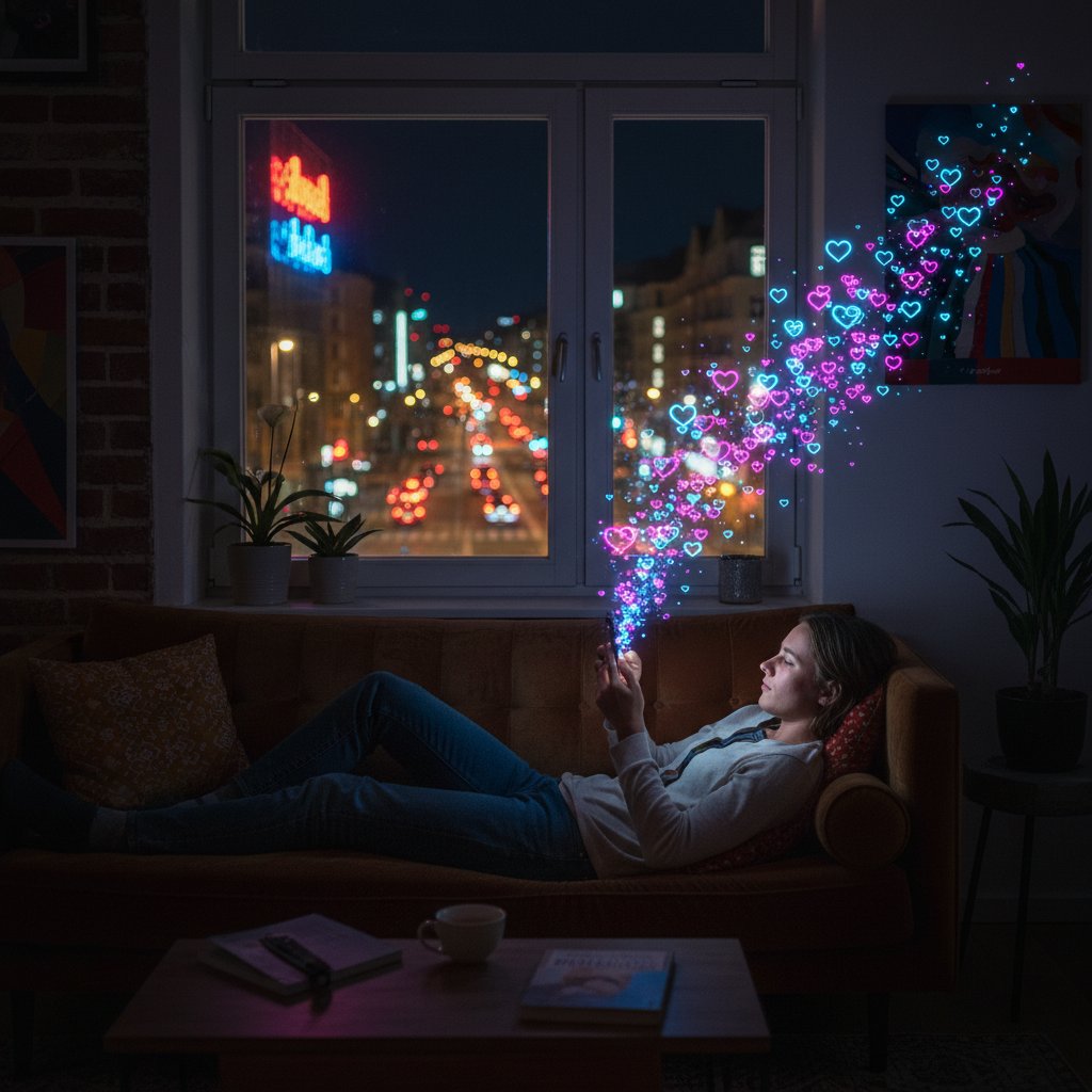 Junge Erwachsene in Berliner Wohnung chattet mit virtueller Partnerin auf Smartphone, digitale Herzen leuchten auf