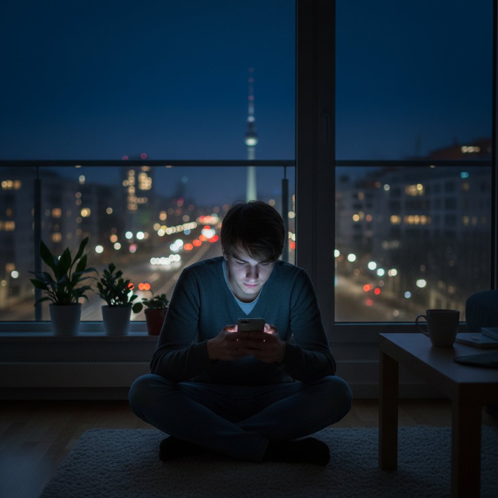 Junger Erwachsener sitzt nachts allein in Berliner Wohnung, Licht des Smartphones spiegelt sich in den Augen, Stadt im Hintergrund