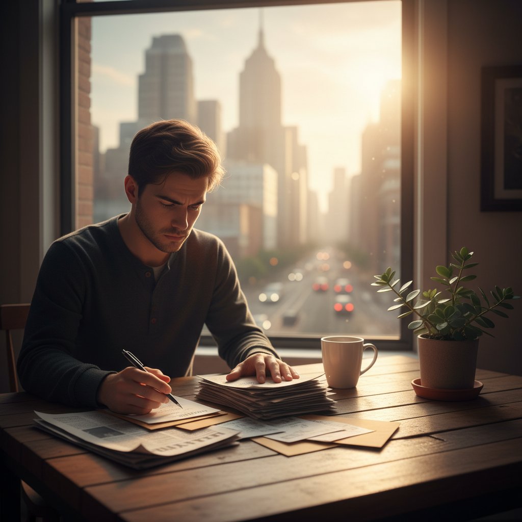 Mężczyzna zmartwiony rachunkami siedzi przy stole w mieszkaniu, światło poranka, stres i nadzieja