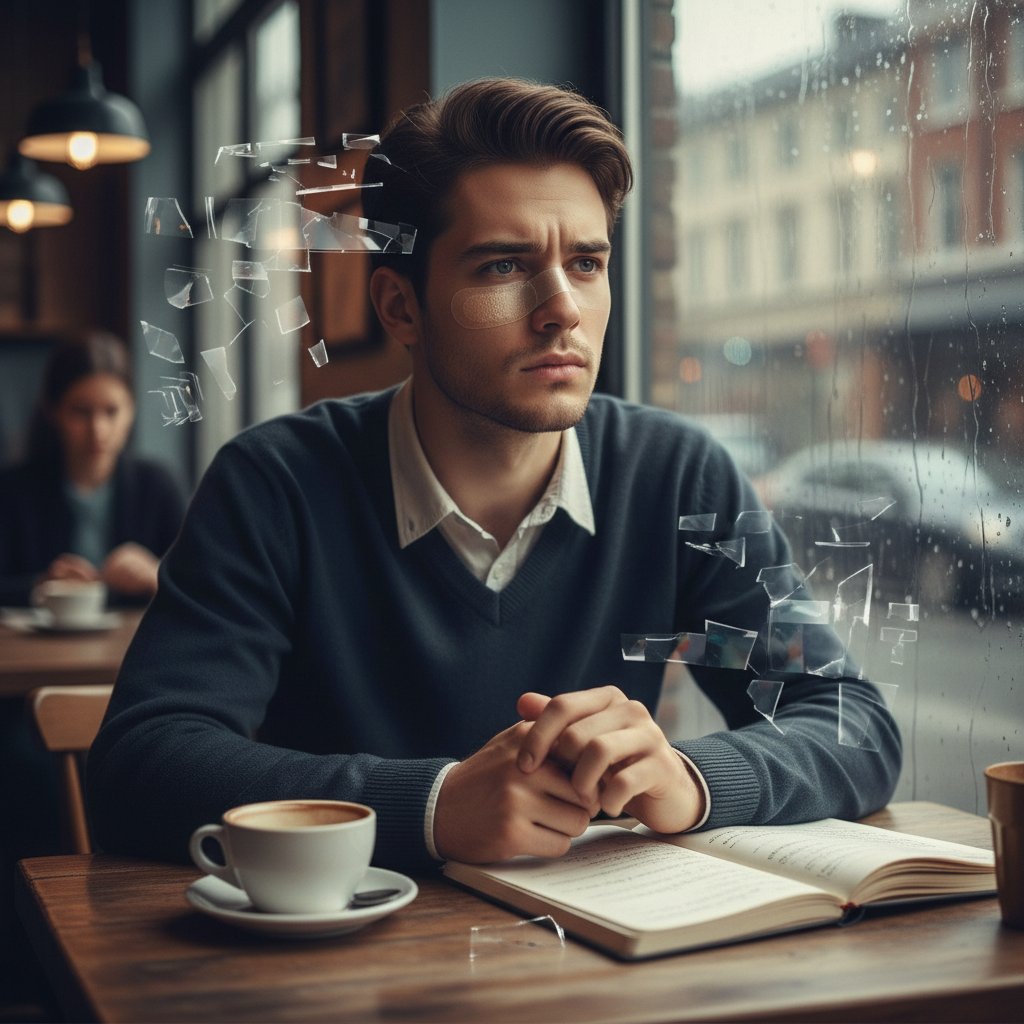 Młody dorosły siedzący samotnie w kawiarni z zamyślonym wyrazem twarzy, odzwierciedlający psychologiczne wyzwania życia z niedowidzeniem