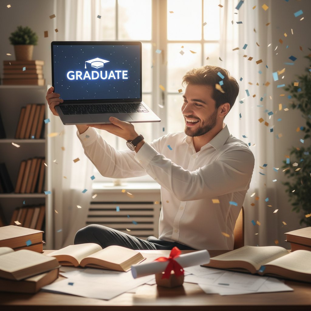 Absolwentka świętująca zdanie matury online, laptop, dyplom, polski matura online