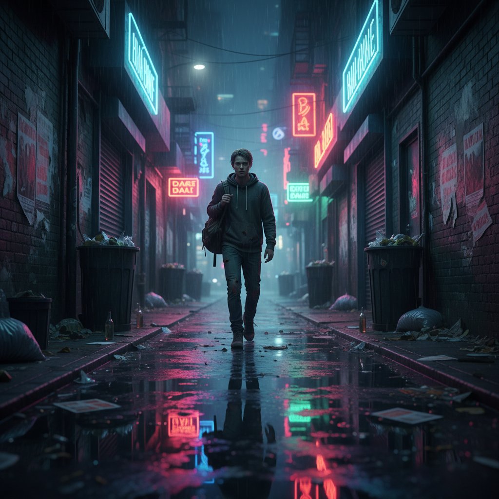 Młoda osoba w ciemnym miejskim zaułku, połowicznie oświetlona neonami, symbolizująca walkę z emocjami