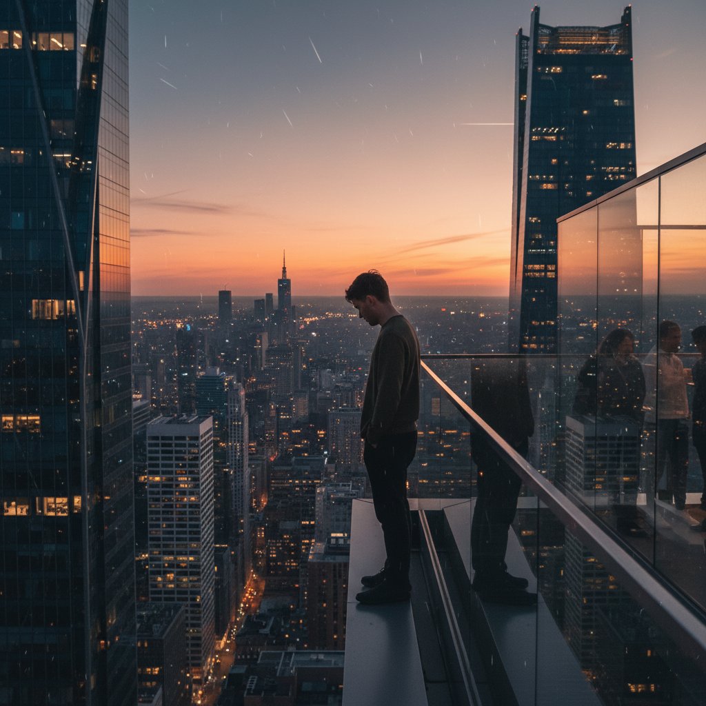 Młody dorosły siedzi na schodach przed budynkiem w mieście, wyrażając wykluczenie i brak dostępu do wsparcia psychologicznego