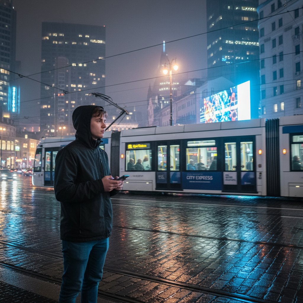 Młody człowiek samotny w tłumie nocnego miasta, ilustrujący samotność mimo cyfrowych połączeń