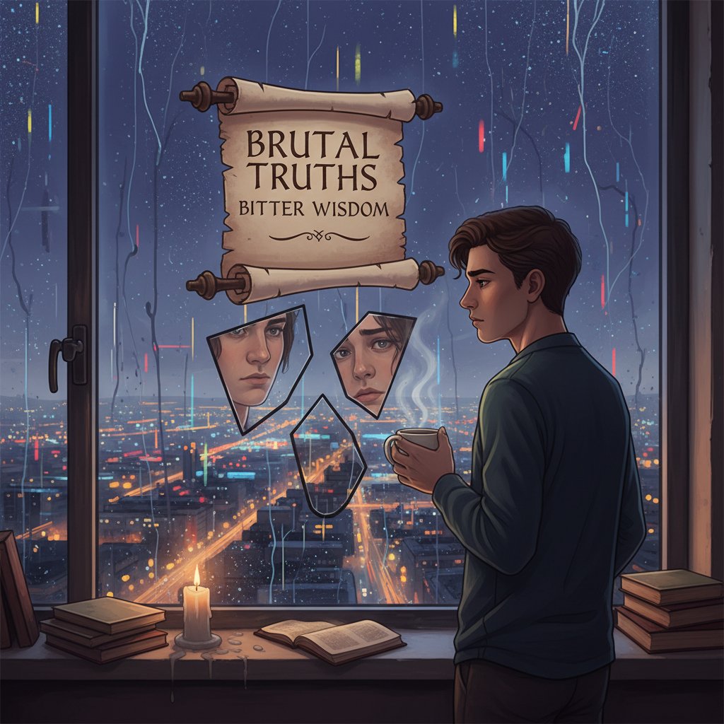 Młody dorosły patrzący przez okno na miasto nocą, symbolizujący refleksję nad brutalnymi prawdami mądrości