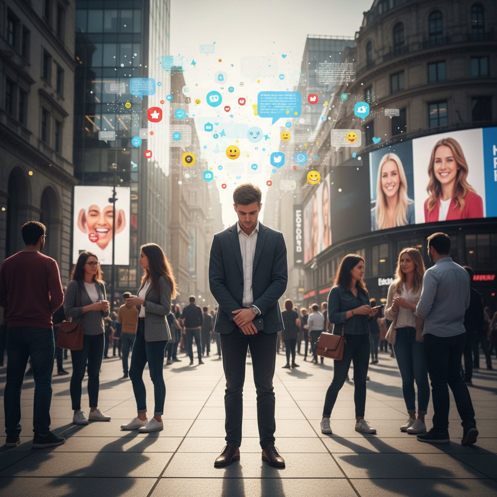 Osoba zamyślona w tłumie miasta, presja społeczna, wyobcowanie