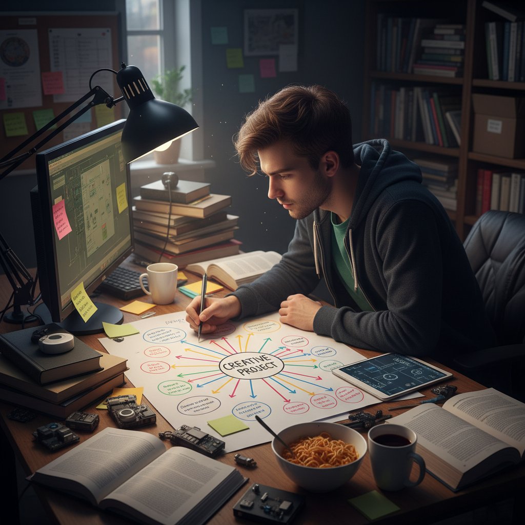 Osoba zmagająca się z rozproszeniem i notatkami, chaos na biurku, motyw pamięci i koncentracji