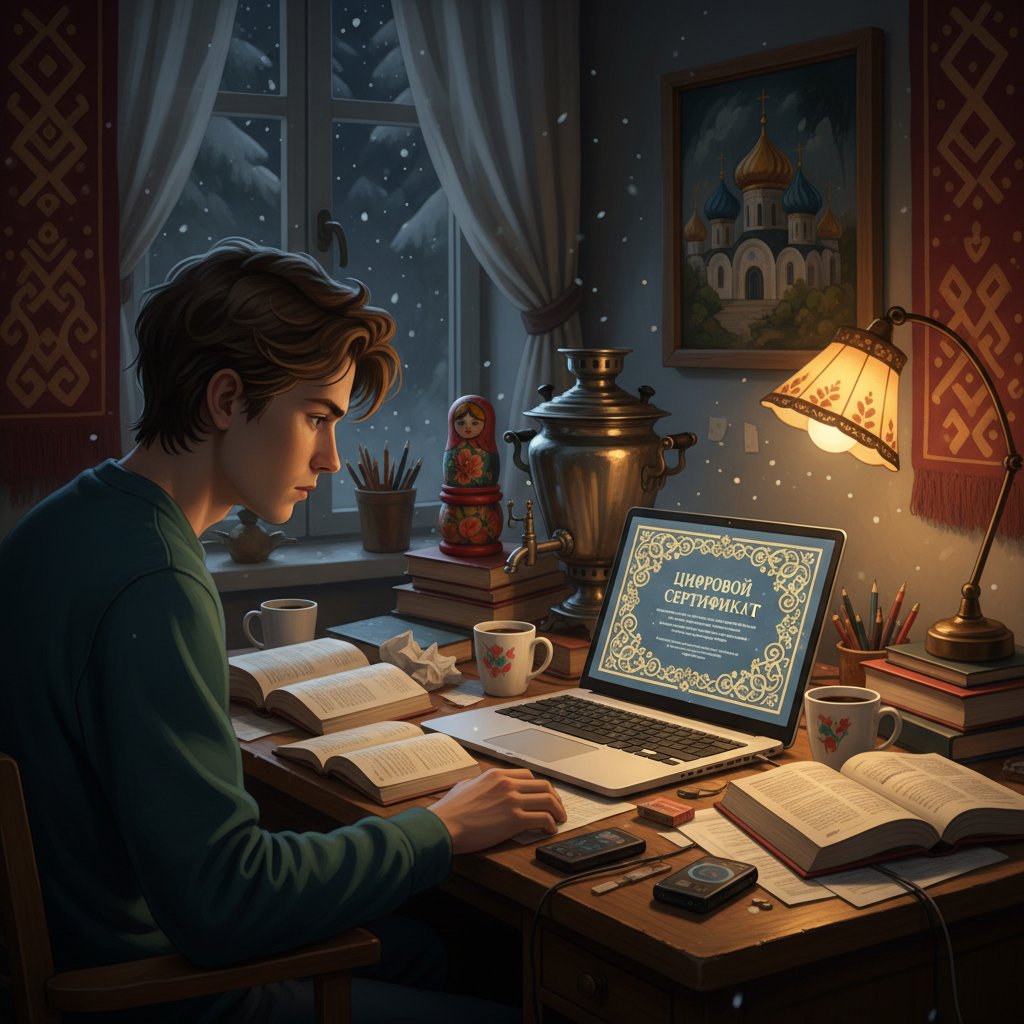 Młoda osoba przy biurku, z laptopem wyświetlającym certyfikat rosyjski online, klimat nocny i napięty, motywy rosyjskie