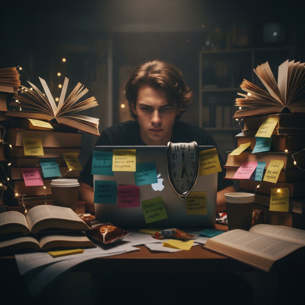Student przy biurku z książkami, laptopem i zegarem w stylu Dalego – szybka nauka, trudny materiał