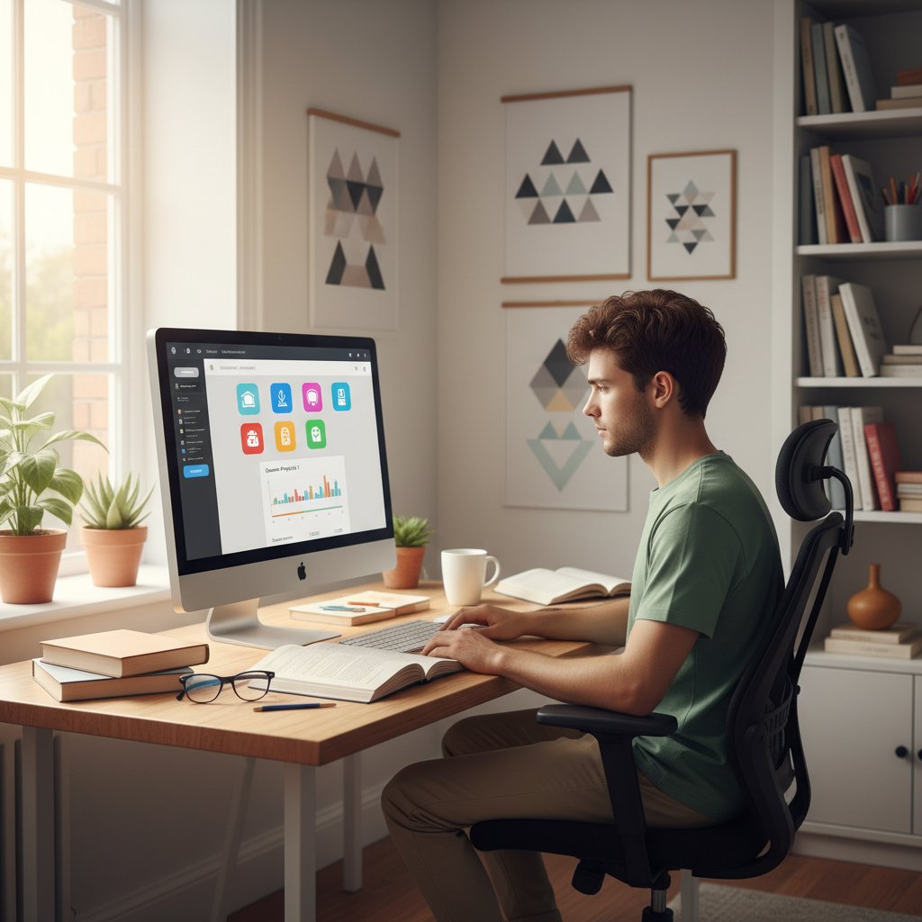 Młody dorosły pracujący przy komputerze z widocznymi logotypami popularnych platform edukacyjnych, jasne wnętrze, atmosfera skupienia